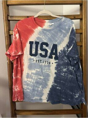 Maurices Light Blue Tie-Dye Graphic Tee with Red Accent